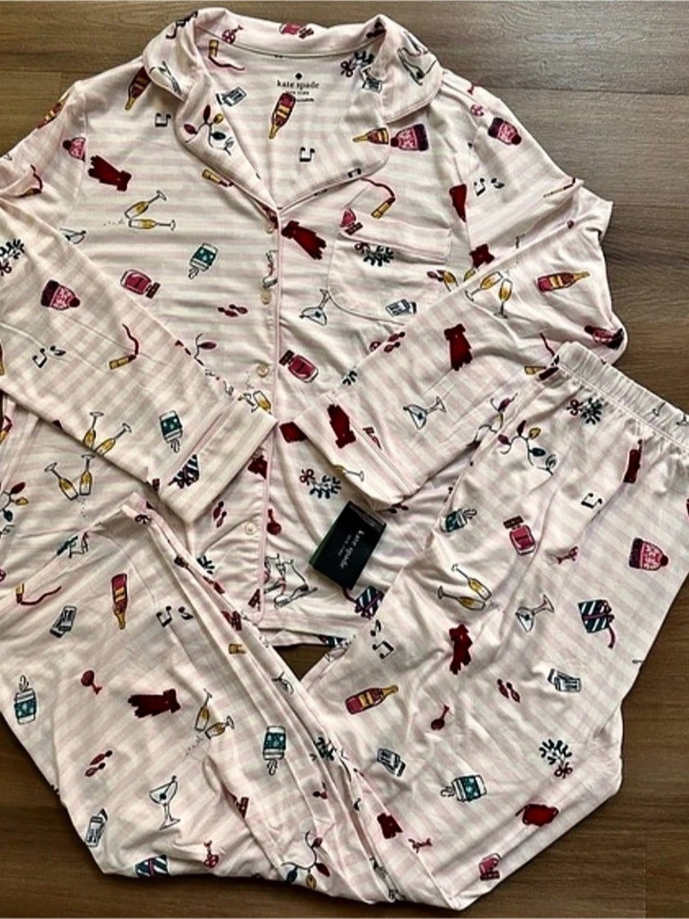 Kate Spade Printed Pajama Set in Pink & White XL NWT